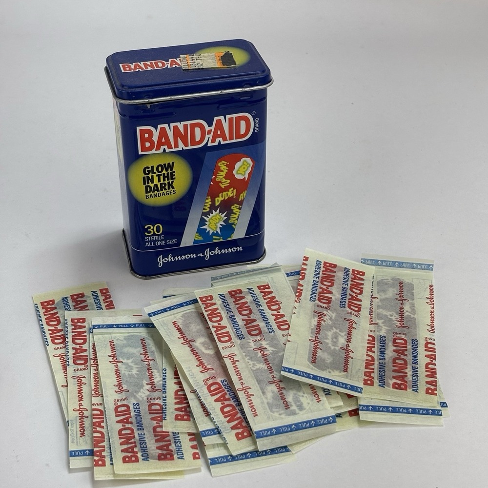 Vtg 1991 J&J Band-Aid Glow In The Dark Tin W/ 18 Sealed Bandages